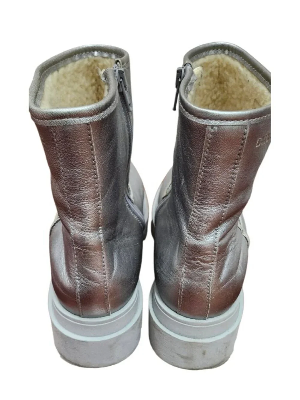 DWRS Metallic Silver Leather Ankle Boots Shearling Lined Platform Lug Sole 10.5